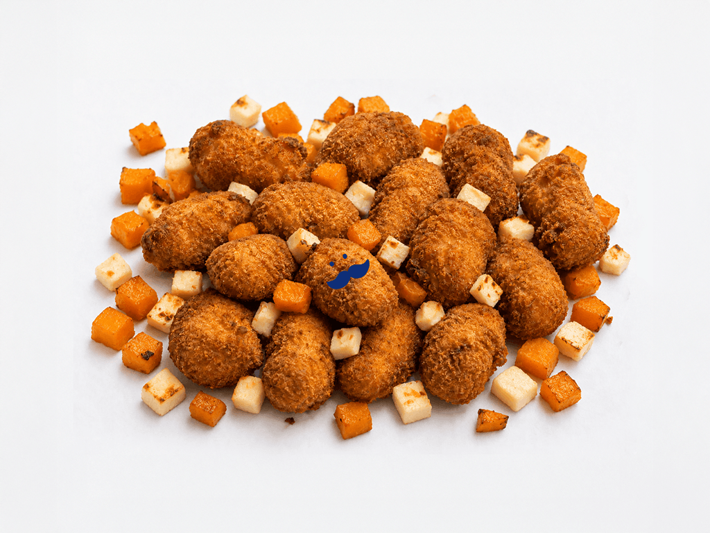 Calabaza, queso vegano y cebolla caramelizada